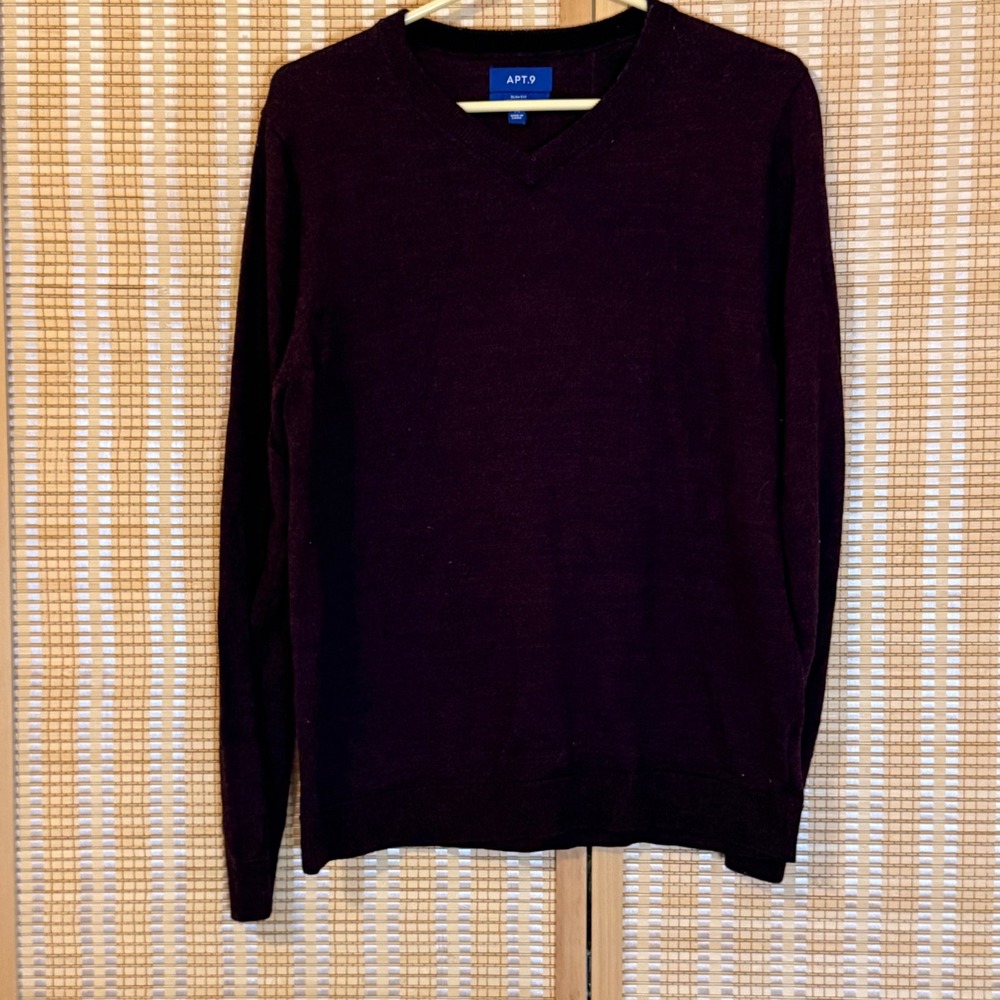 Apt. 9 Mens Slim Fit Merino Wool Blend V-Neck‎ Sweater Burgundy Heather Medium